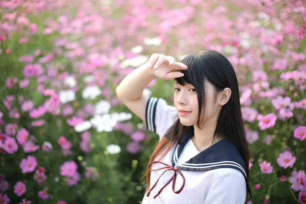 Portré Japán Iskolás Lány Egyenruha Rózsaszín Kozmosz Virág — Stock Fotó