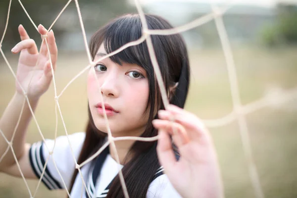 Retrato Belo Asiático Japonês Menina Ensino Médio Uniforme Olhando Com — Fotografia de Stock