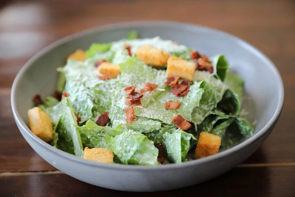 Caesar Salad Crispy Bread Bacon Close Wood Background — Stock Photo, Image
