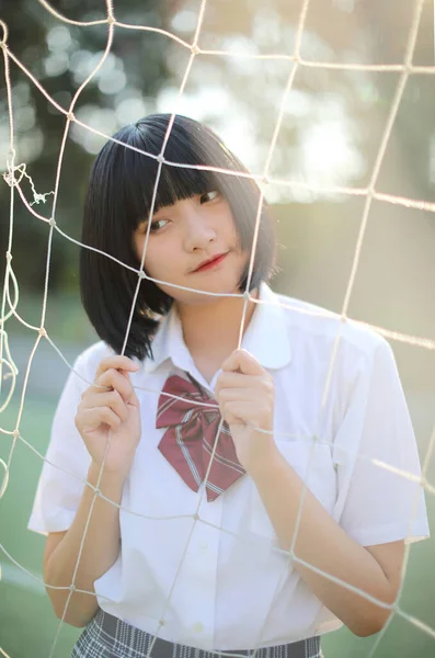 Portrait Beautiful Asian Japanese High School Girl Uniform Looking Net — Stock Photo, Image