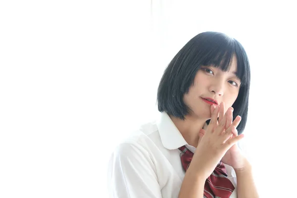 Retrato Japonês Escola Menina Branco Tom Cama Quarto — Fotografia de Stock