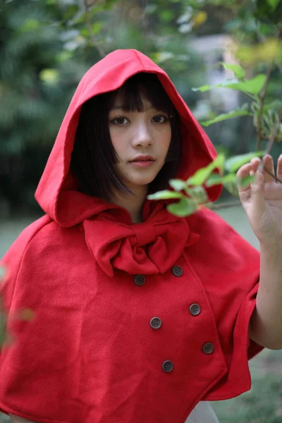 Retrato Jovem Mulher Com Little Red Riding Hood Traje Com — Fotografia de Stock
