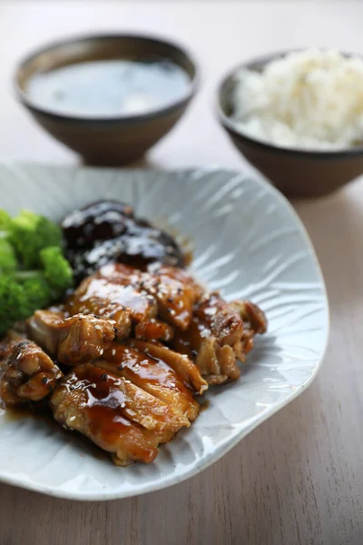 Japanese Food Chicken Teriyoki Rice Wood Background — Stock Photo, Image