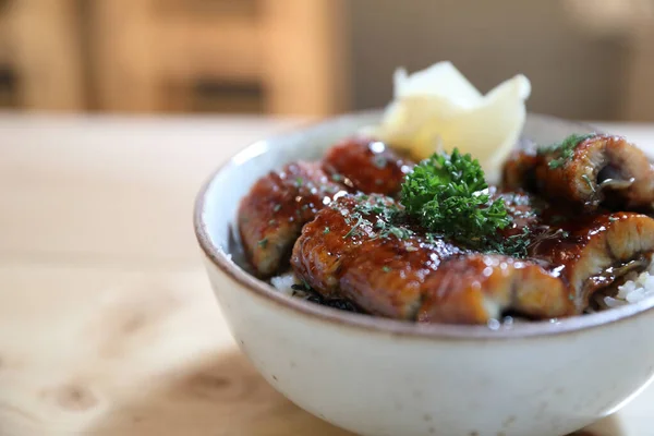 Comida Japonesa Unagi Don Anguila Parrilla Sobre Arroz Japonés Sobre — Foto de Stock