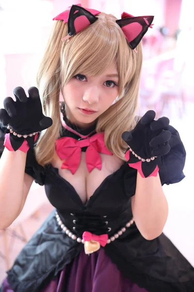 Japonská Anime Cosplay Portrét Dívky Cosplay Růžovém Pokoji Pozadí — Stock fotografie