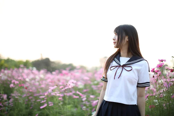 Portrait of Japanese school girl uniform with pink cosmos flower