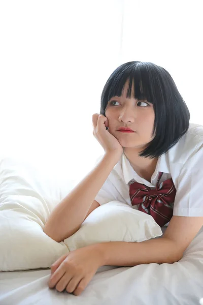 Portrait Japanese School Girl White Tone Bed Room — Stock Photo, Image