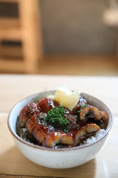 Comida Japonesa Unagi Don Enguia Grelhada Arroz Japonês Fundo Madeira — Fotografia de Stock