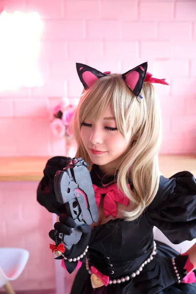 Japan Anime Cosplay Porträtt Flicka Cosplay Rosa Rum Bakgrund — Stockfoto