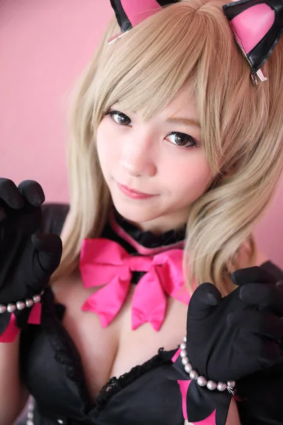 Japon Anime Cosplay Portrait Fille Cosplay Fond Chambre Rose — Photo