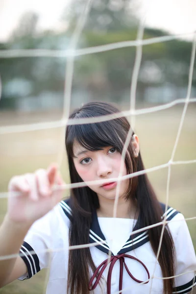 Retrato Belo Asiático Japonês Menina Ensino Médio Uniforme Olhando Com — Fotografia de Stock