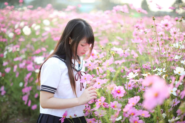 Ritratto Uniforme Scolaretta Giapponese Con Fiore Cosmo Rosa — Foto Stock