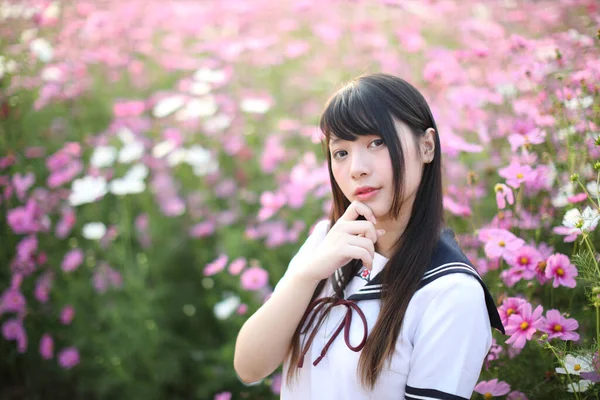 Portrait Japanese School Girl Uniform Pink Cosmos Flower — Stock Photo, Image