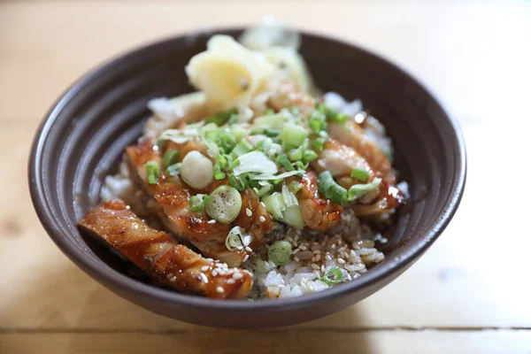 日本料理鶏照り焼き米の木を背景に — ストック写真
