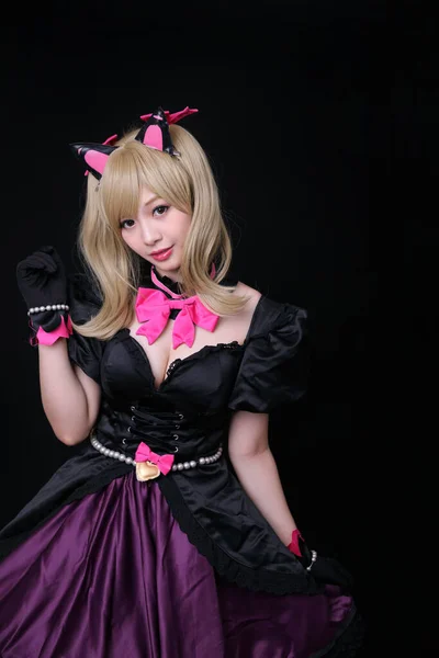 Portré Japán Anime Cosplay Lány Elszigetelt Fekete Háttér — Stock Fotó