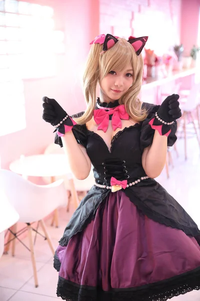 Japán Anime Cosplay Portré Lány Cosplay Rózsaszín Szoba Háttér — Stock Fotó