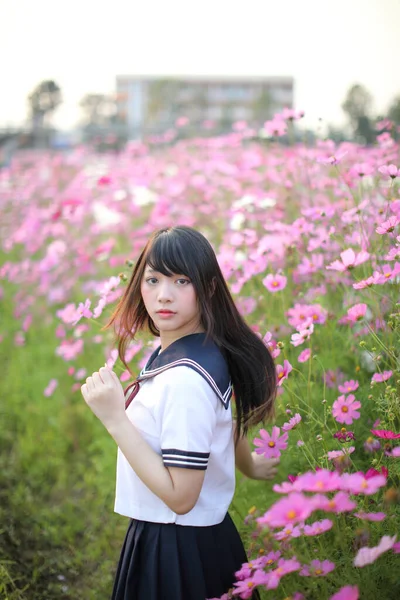 Retrato Uniforme Niña Escuela Japonesa Con Flor Cosmos Rosa — Foto de Stock