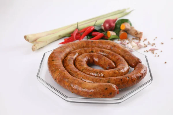 Lokale Nordthailändische Küche Nordthailändische Würstchen Streetfood Isoliert Weißem Hintergrund — Stockfoto