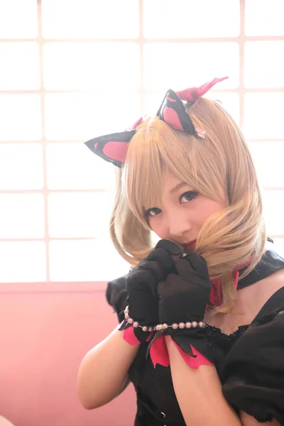 Japan Anime Cosplay Portret Van Meisje Cosplay Roze Kamer Achtergrond — Stockfoto