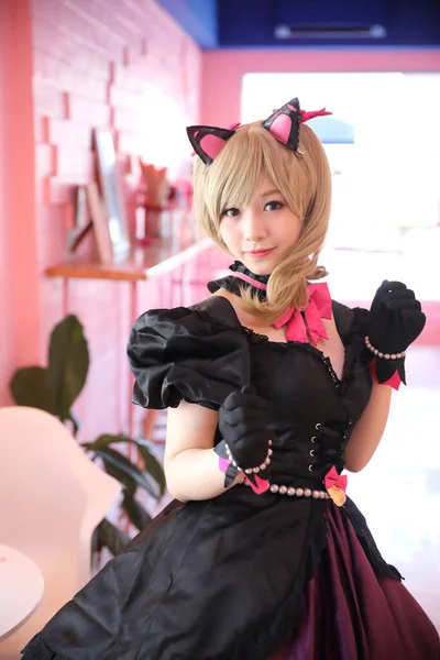 Japonia Anime Cosplay Portret Dziewczyny Cosplay Tle Różowy Pokój — Zdjęcie stockowe