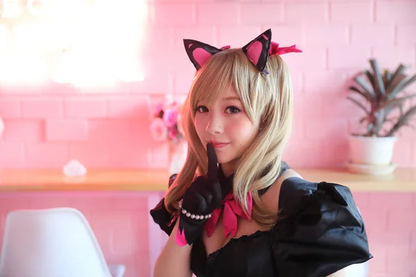 Japonská Anime Cosplay Portrét Dívky Cosplay Růžovém Pokoji Pozadí — Stock fotografie