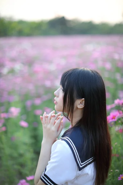 Portrait Uniforme Écolière Japonaise Avec Fleur Cosmos Rose — Photo