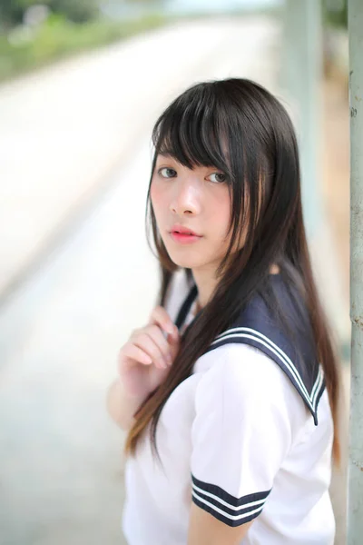 Asian School Girl Sitting Outdoor Background — Stock Photo, Image