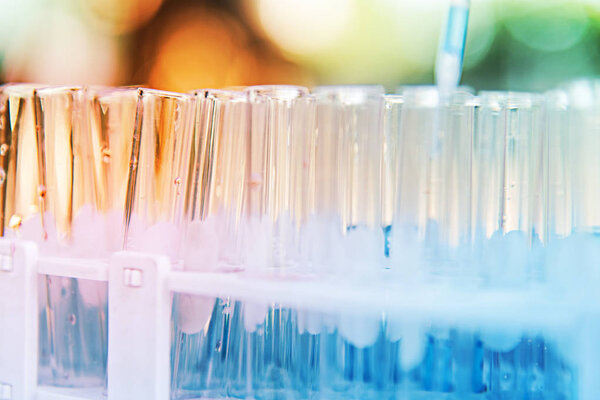Lab science research glass items adding drop to one of several test tubes. A scientific experiment in a science research Laboratory.