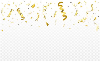 Kutlama partisi dekorasyon şablonu konfeti ve altın kurdelelerle. Lüks tebrik kartı. Şenlikli tasarım