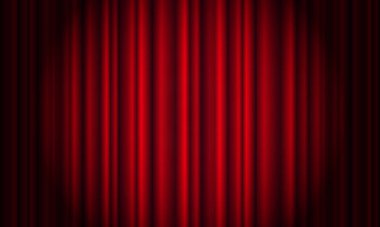 Tiyatroda spot ışıkları olan kırmızı perde. Kadife kumaş sinema curt