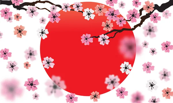 Ramitas Sakura con flores rosadas y sol rojo japonés — Vector de stock