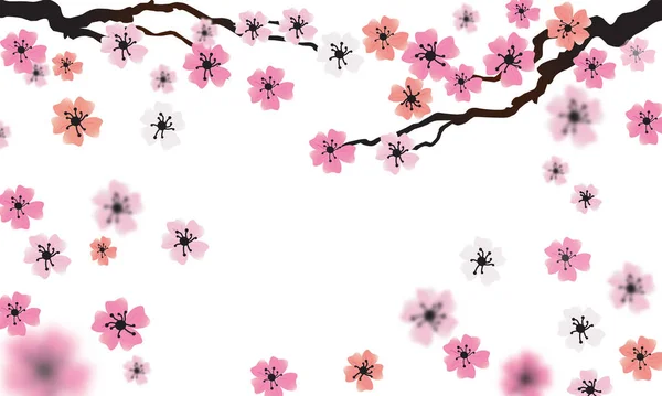 Sakura twigs with pink flowers  on a white background. flat styl — 스톡 벡터