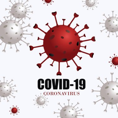 Coronavirus hastalığı COVID-19 enfeksiyonu. Gerçekçi 3 boyutlu kırmızı ve beyaz virüs hücreleri olan bir arka plan. tehlike sembolü çizimi.