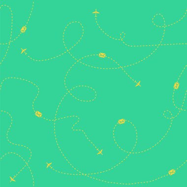 Sarı uçaklar, zarf ve tire mavi bir arka plan üzerinde