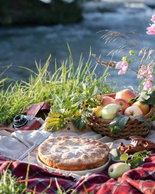 Nehir kıyısında elmalı turtayla piknik .