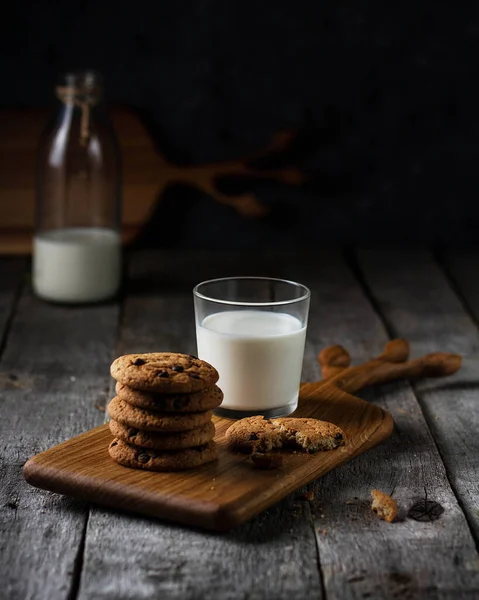 Glass Milk Oatmeal Cookies Blackboard Table Made Old Wooden Boards — Stock Photo, Image