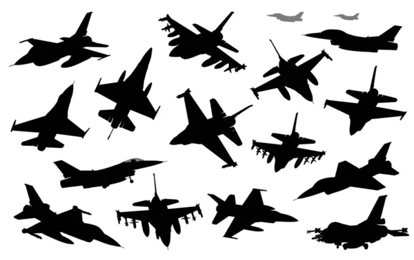 Collection of vector fighters. Detailed silhouettes — Stok Vektör