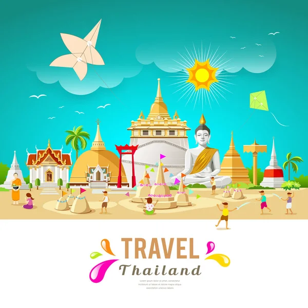 Thailandia costruzione di viaggi e punto di riferimento nel festival di Songkran — Vettoriale Stock