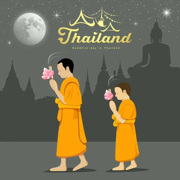 Monges tailandeses e noviço em luz budista acenando rito sabbath — Vetor de Stock