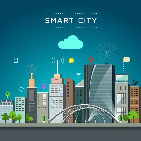 Edilizia moderna e punto di riferimento, comunicazioni smart city — Vettoriale Stock