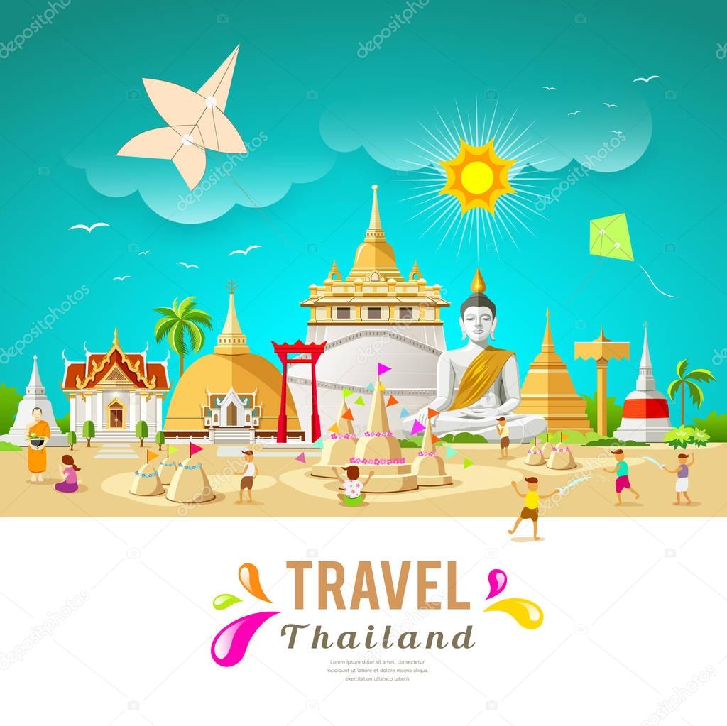 Thailand travel building and landmark in songkran festival