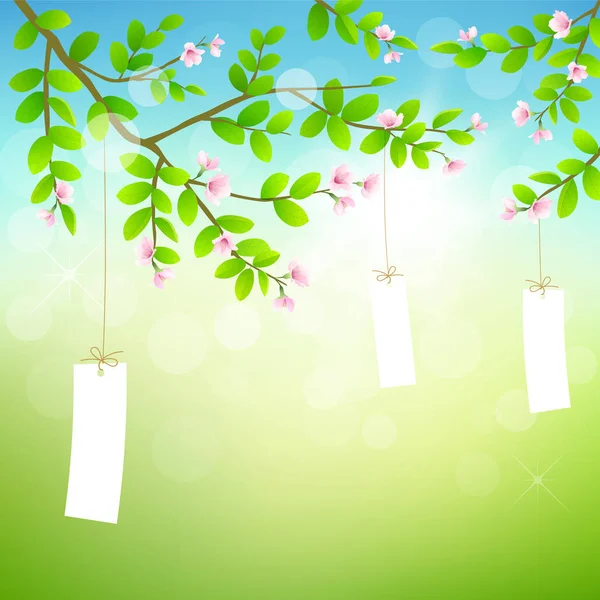 Árbol y flor rosa con tarjeta de papel blanco en la naturaleza verde — Vector de stock