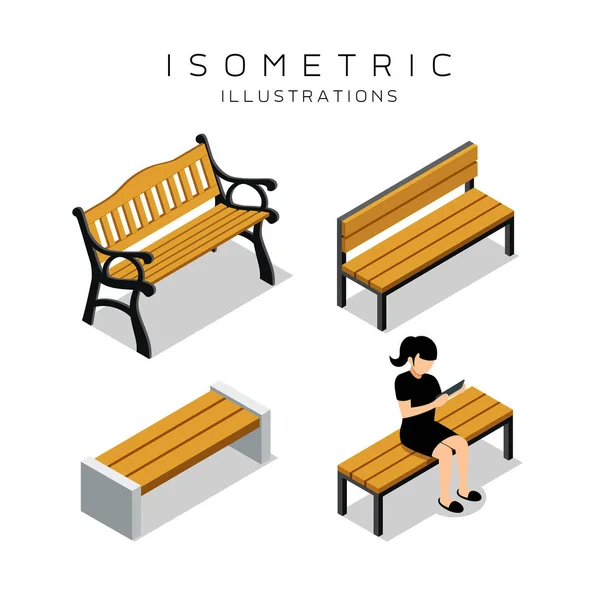 Coleção de banco de madeira isométrica —  Vetores de Stock