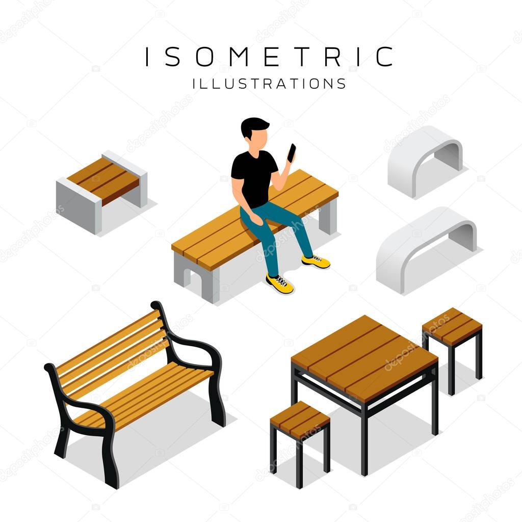 Vector isometric wooden bench collection with man shirt black 