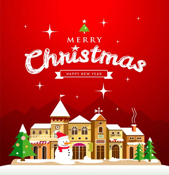 Weihnachtsgrußkarte. Frohe Weihnachten Schriftzug mit Häusern — Stockvektor