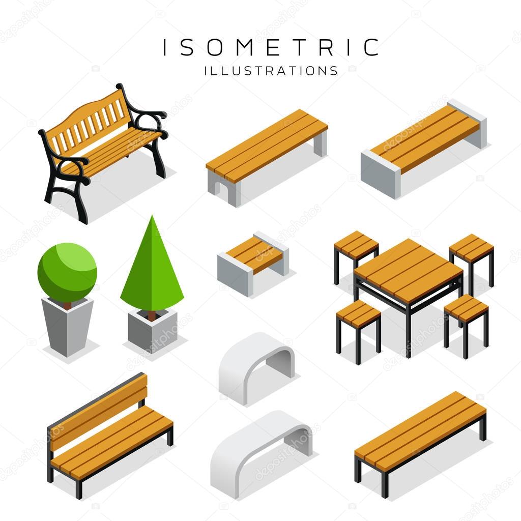 Isometric wooden bench collection