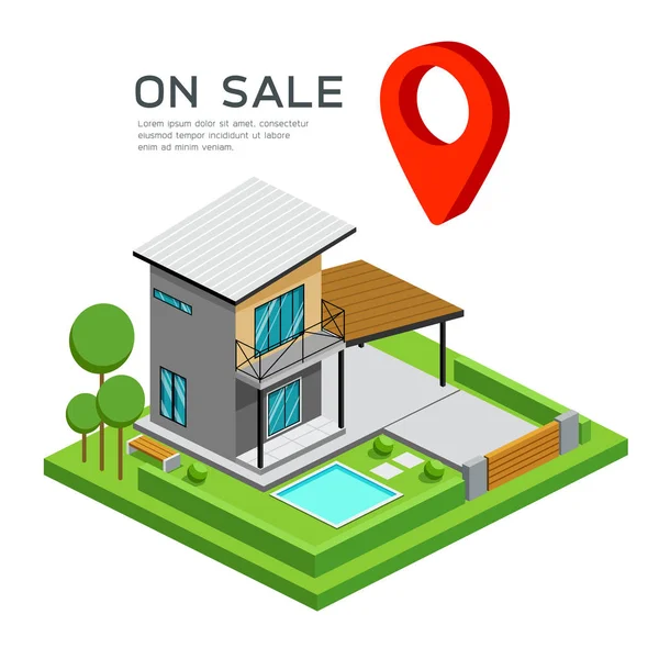 Σύγχρονο σπίτι ισομετρική με κόκκινο σημείο του χάρτη, για την πώληση — Διανυσματικό Αρχείο