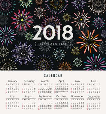Takvim mutlu yeni yıl 2018 renkli havai fişek arka plan, vektör çizim tasarım