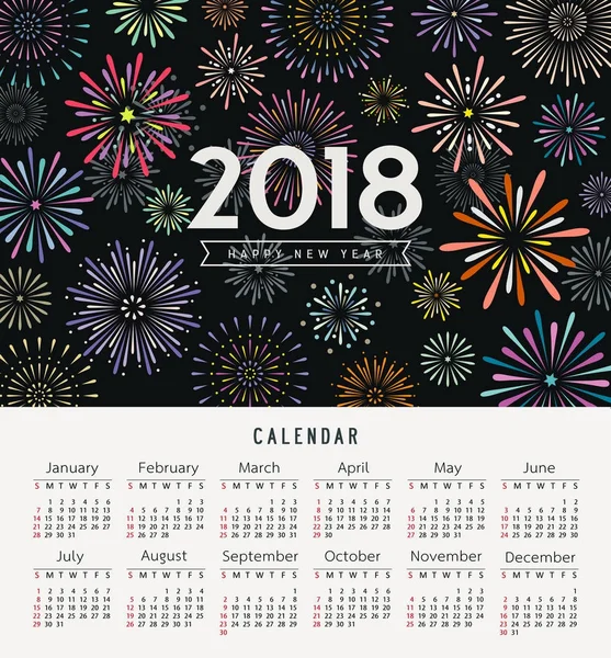 Kalendář Šťastný Nový Rok 2018 Barevný Ohňostroj Navrhnout Pozadí Vektorové — Stockový vektor