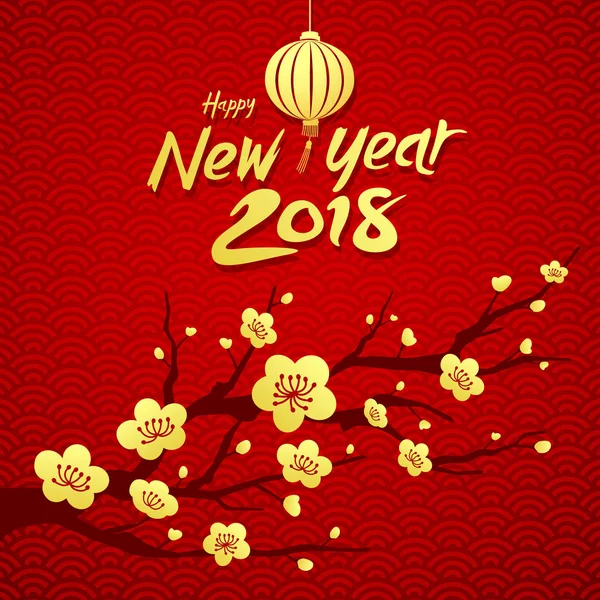 Šťastný Čínský Nový Rok 2018 Národní Květina Číny Červeném Pozadí — Stockový vektor